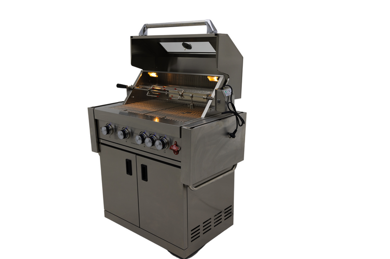 Load image into Gallery viewer, Luxuria Flame Pro Series 4-Burner Grill with Rotisiere and Side Tables
